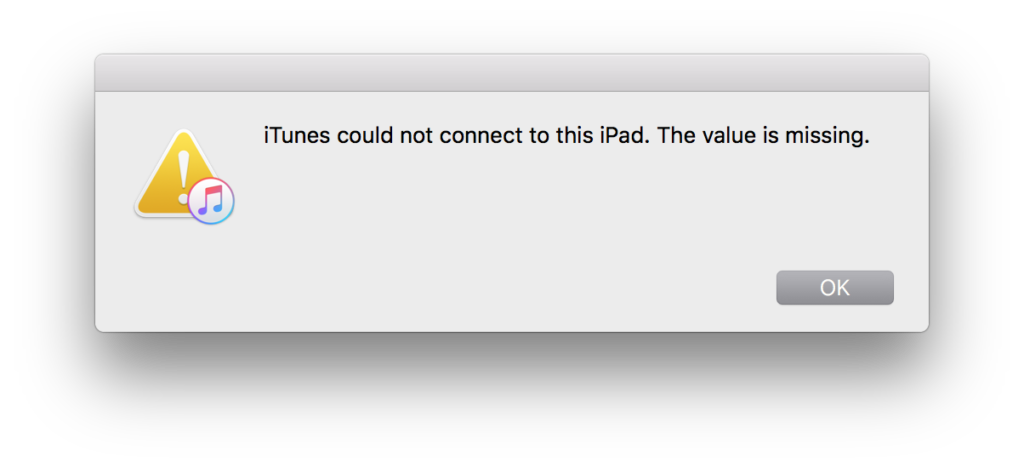 iTunes message; iPad can't connect to restore.